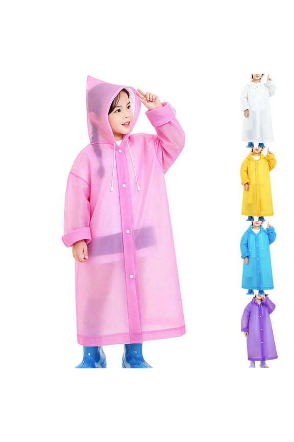 Children's Disposable Waterproof Rain Poncho, Unisex Windproof Hooded Raincoat, Transparent Long Raincoat with Drawstring Hood & Button Closure