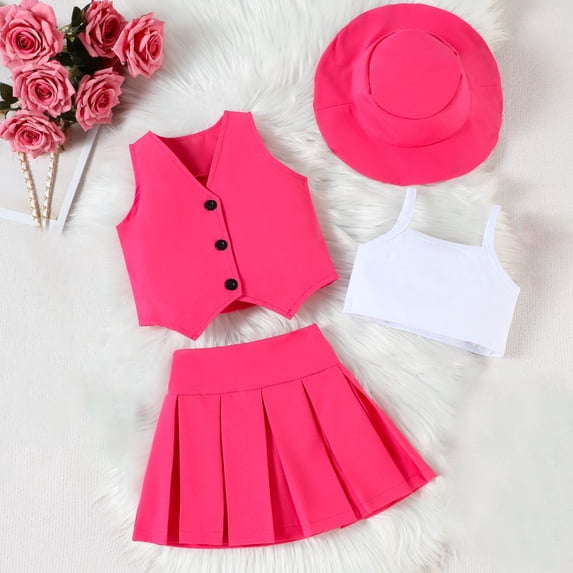 hengsof Children's Fashion Cotton Four Piece Set Solid Color Sleeveless Round Neck Button Down Vest Top Halter Top Pleated Skirt Hat Set