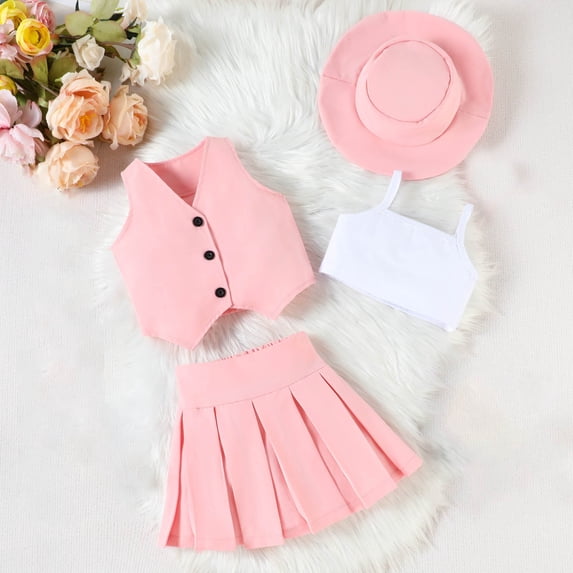 hengsof Children's Fashion Cotton Four Piece Set Solid Color Sleeveless Round Neck Button Down Vest Top Halter Top Pleated Skirt Hat Set