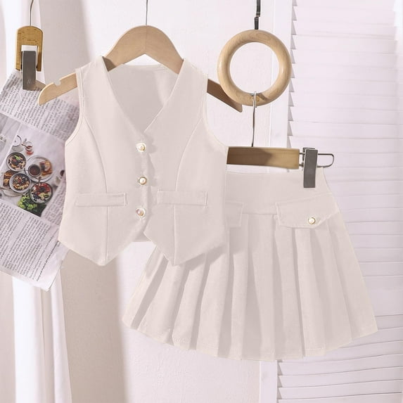 hengsof Children's Girl Summer 2 Piece Set Solid Color Sleeveless Button Vest and Pleated Skirt Set Fashionable Casual Set