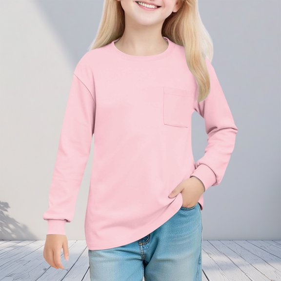 hengsof Children's Long-Sleeved Shirt Solid Color Top T-Shirt Casual Pocket Crew Neck T-Shirt