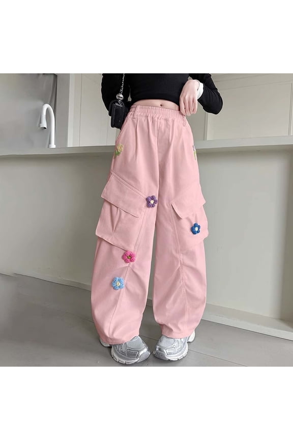 Children's Loose Cargo Pants Stylish Elastic Waistband Multi Pocket Floral Pattern Wide Leg Cargo Pants for Spring Summer Suitable for Girls Aged 4-15