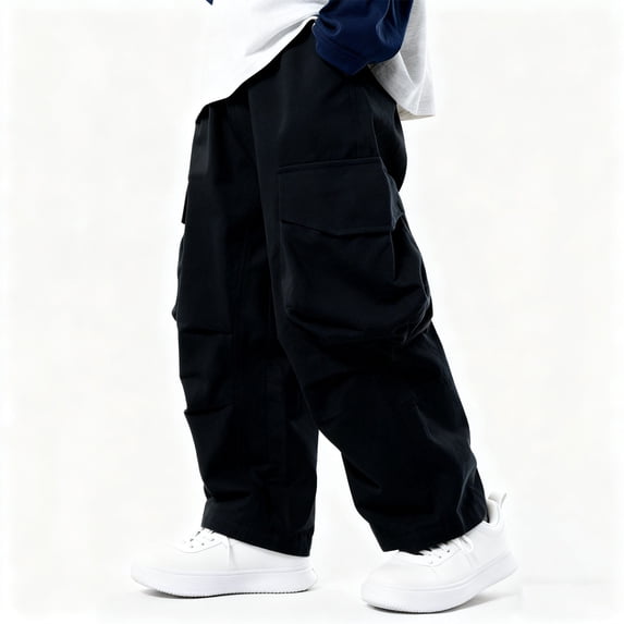 hengsof Children's Loose Fitting Cargo Pants with Elastic Waistband Suitable for Children to Wear Multi Pocket Casual Cargo Pants