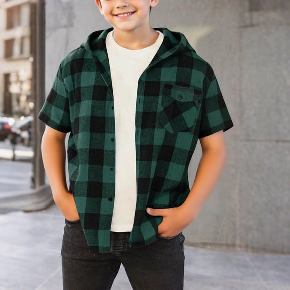 hengsof Children's Plaid Shirt Children's Short Sleeve Hooded Shirt Button Casual Hooded Jacket
