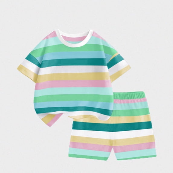 hengsof Children's Short Sleeve T-Shirt and Shorts Set Children's Casual Striped Top Basic Round Neck Pullover Set
