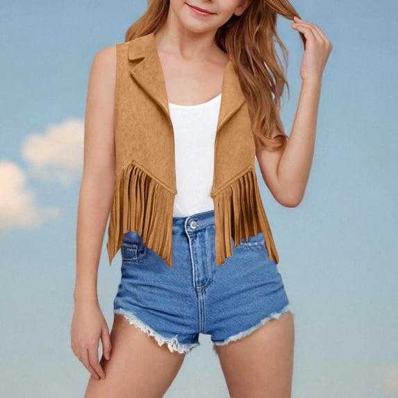 hengsof Children's Sleeveless Faux Leather Vest with Tassels Casual and Stylish Jacket