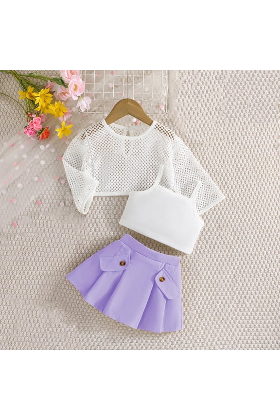 Children's Solid Color Three Piece Set Hollow Long Sleeve Crew Neck Blouse Camisole Top Button Pleated Skirt, Spring Summer Casual Suit