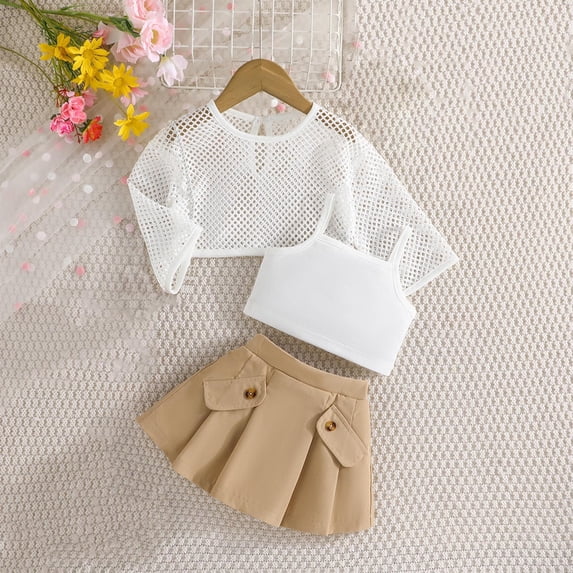 hengsof Children's Solid Color Three Piece Set Hollow Long Sleeve Crew Neck Blouse Camisole Top Button Pleated Skirt, Spring Summer Casual Suit