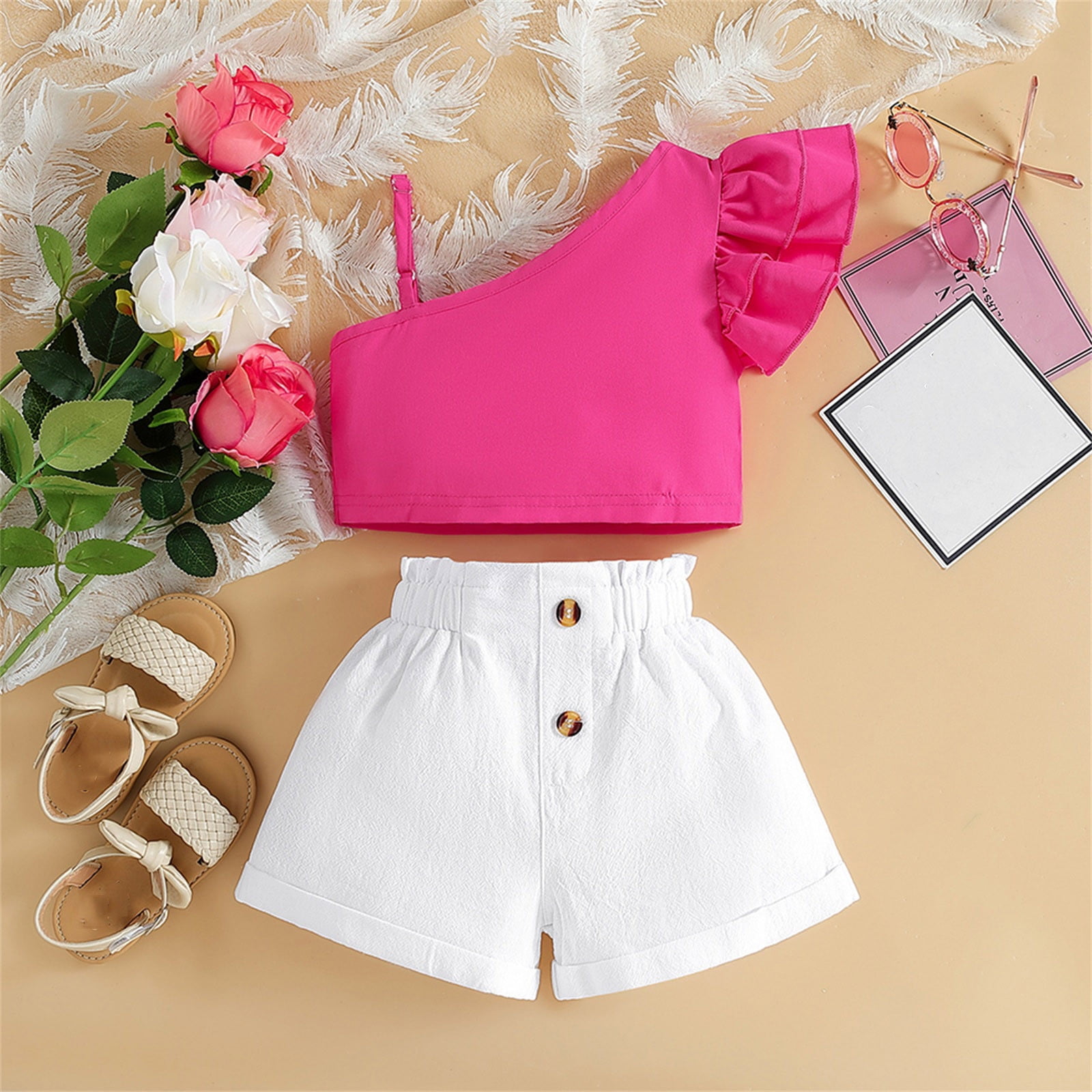 hengsof Children's Solid Color Two Piece Set, Girls' Floating Sleeves ...