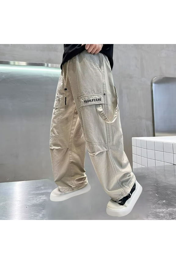 Children's Spring Loose Cargo Pants Drawstring Elastic Waist Multiple Pockets Fashionable Letter Printed Pants Solid Color Casual Pants Fashionable Thin Pants