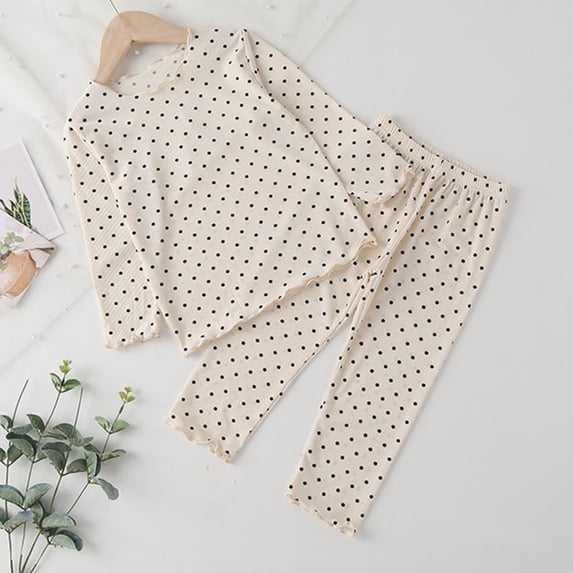 hengsof Children's Spring Summer Casual Suit, Fashionable Polka Dot Print Pullover Two Piece Straight Leg Sweatpants Set, Comfortable Long Sleeve Crew Neck Top Elastic Waist Trousers Set