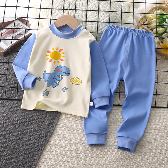 hengsof Children's Spring Summer Cotton Two Piece Set, Cute Printed Pattern Round Neck Long Sleeve T-Shirt Elastic Waist Trousers Pajama Set Comfortable Breathable Home Wear