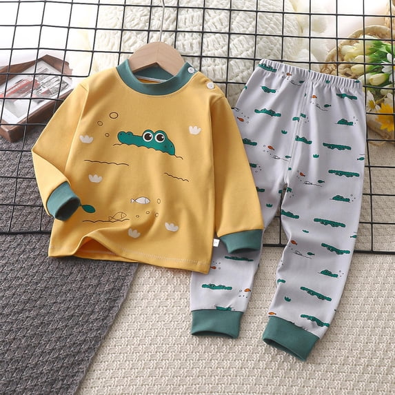hengsof Children's Spring Summer Cotton Two Piece Set, Cute Printed Pattern Round Neck Long Sleeve T-Shirt Elastic Waist Trousers Pajama Set Comfortable Breathable Home Wear