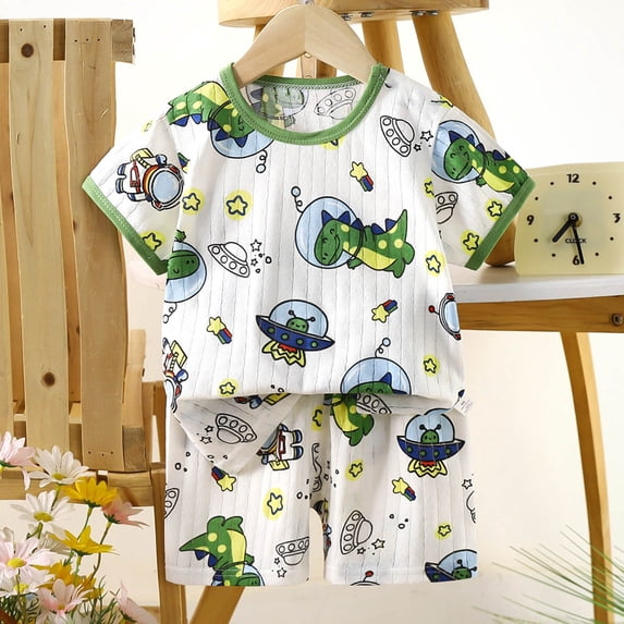 hengsof Children's Summer Cotton Two Piece Set Fashionable Animal Print Round Neck Shoulder Buttons Short Sleeves Elastic Waist Shorts Casual Home Wear Set