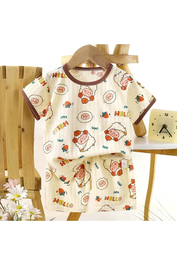 Children's Summer Cotton Two Piece Set Fashionable Animal Print Round Neck Shoulder Buttons Short Sleeves Elastic Waist Shorts Casual Home Wear Set