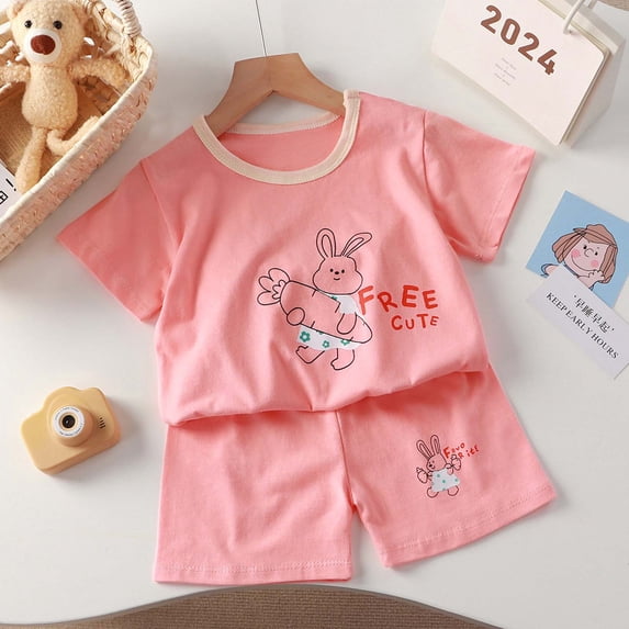 hengsof Children's Summer Home Wear Fashionable Cotton Printed Pattern Round Neck Short Sleeve T-Shirt Elastic Waist Loose Shorts Casual Two Piece Set