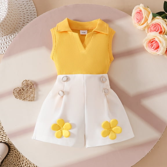 hengsof Children's Summer Set Short Sleeve Knitted Collared Vest with Printed Buttons Shorts Fashionable Children's Set 2PC