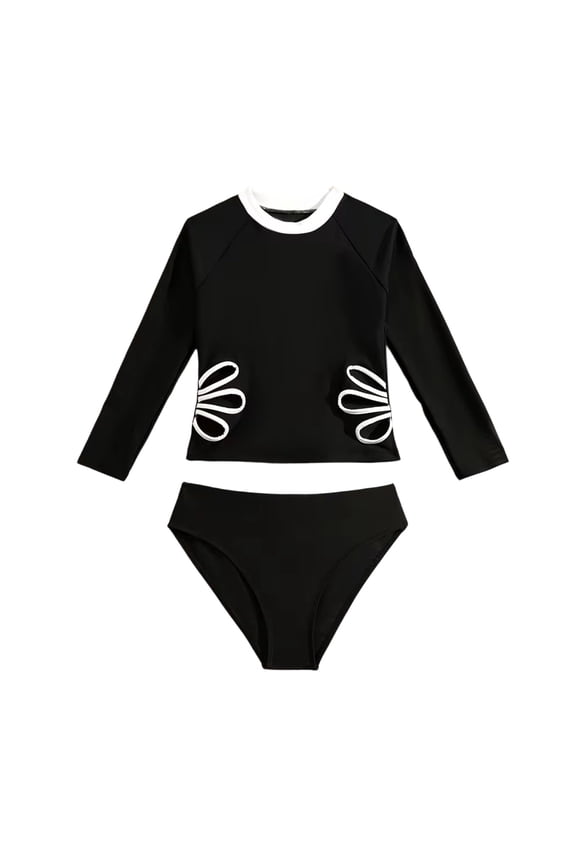 Children's Sun Protection Swimsuit Swimming Trunks Two Piece Set, Fashionable Long Sleeve Round Neck Floral Swimsuit Trunks Seaside Beach Set, Suitable for Girls Aged 2-14