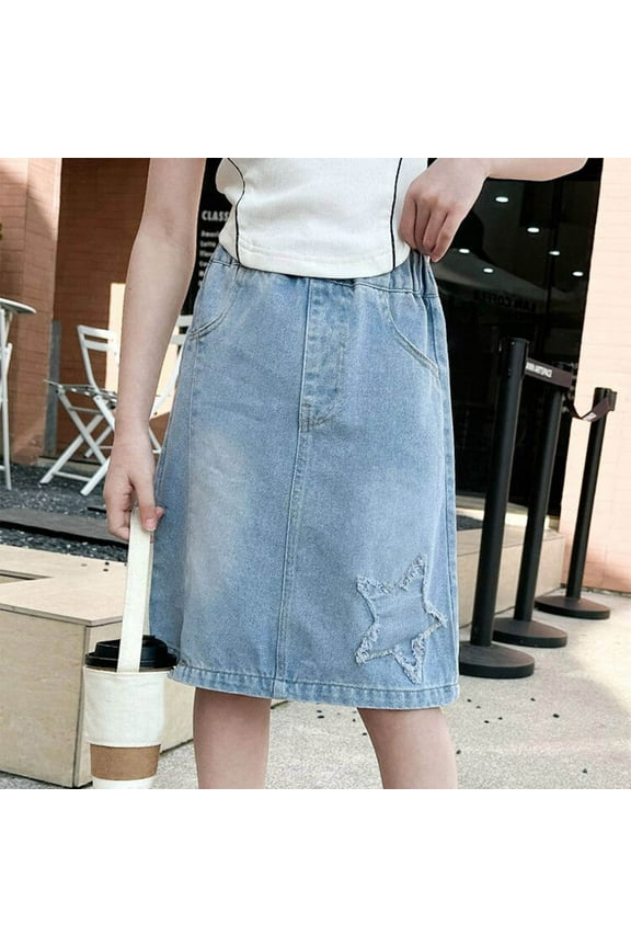 Children's Sweet Skirt Toddler Fashion Elastic Waist Cute Pattern Skirt Pocket Basic Denim Skirt Children's Casual Beach Skirt