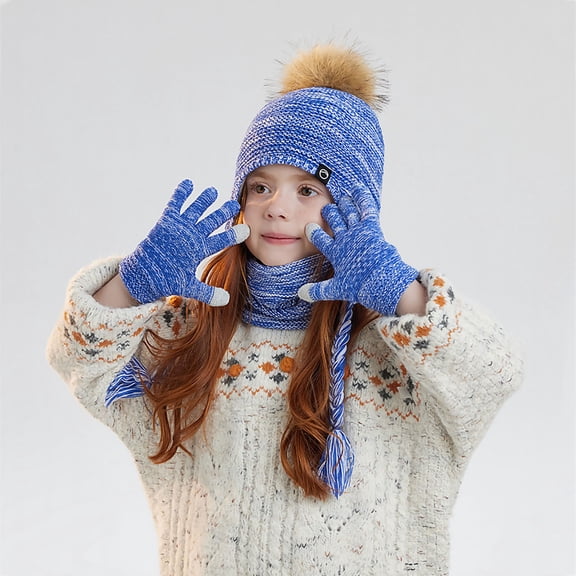 hengsof Children's Thick Knitted 3-Piece Set Beanie Hat Warm Gloves Earmuffs Toddler Winter Warm Hat