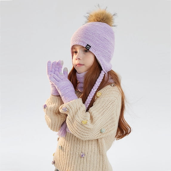 hengsof Children's Thick Knitted 3-Piece Set Beanie Hat Warm Gloves Earmuffs Toddler Winter Warm Hat
