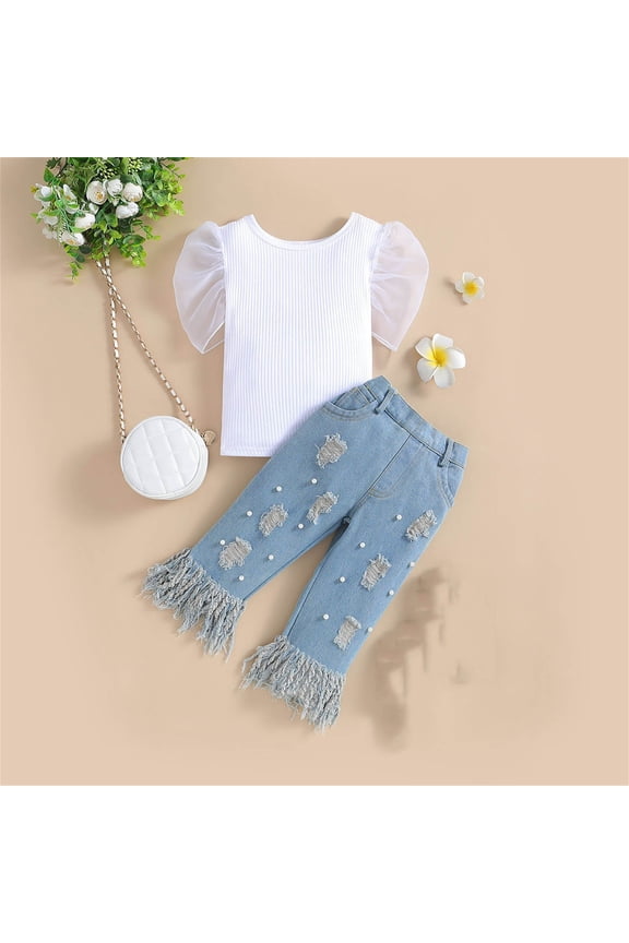 Children's Two Piece Casual Suit, Girl's Sweet Puff Sleeve Crew Neck Shirt Distressed Ripped Jeans Suit, Fashionable Solid Color Top Fringed Jeans Suit
