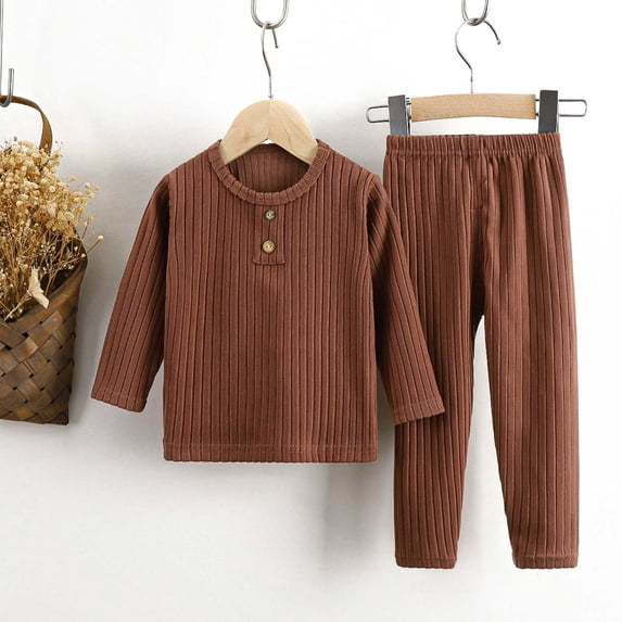 hengsof Children's Two Piece Summer Casual Set Boys Girls Striped Long Sleeve Round Neck Button Down T-Shirt Trousers Comfortable Home Wear Set