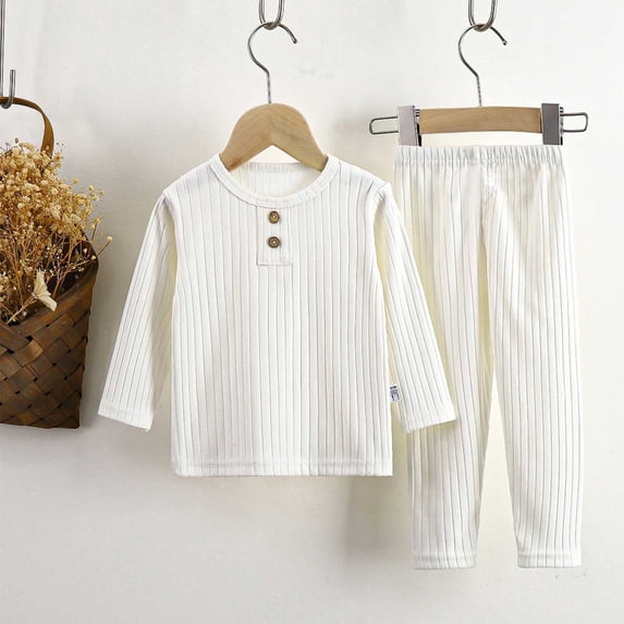 hengsof Children's Two Piece Summer Casual Set Boys Girls Striped Long Sleeve Round Neck Button Down T-Shirt Trousers Comfortable Home Wear Set