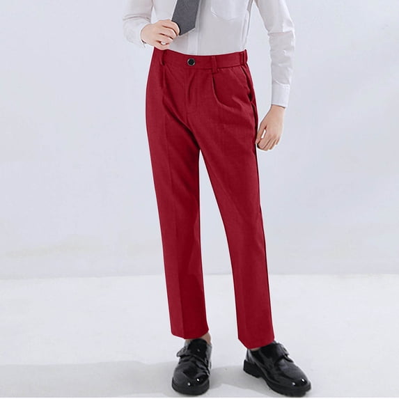 hengsof Childrens Dress Pants for 2-18 Years Old Solid Color Elastic Waist Formal Trousers with Side Pockets Performance Party Suit Bottoms