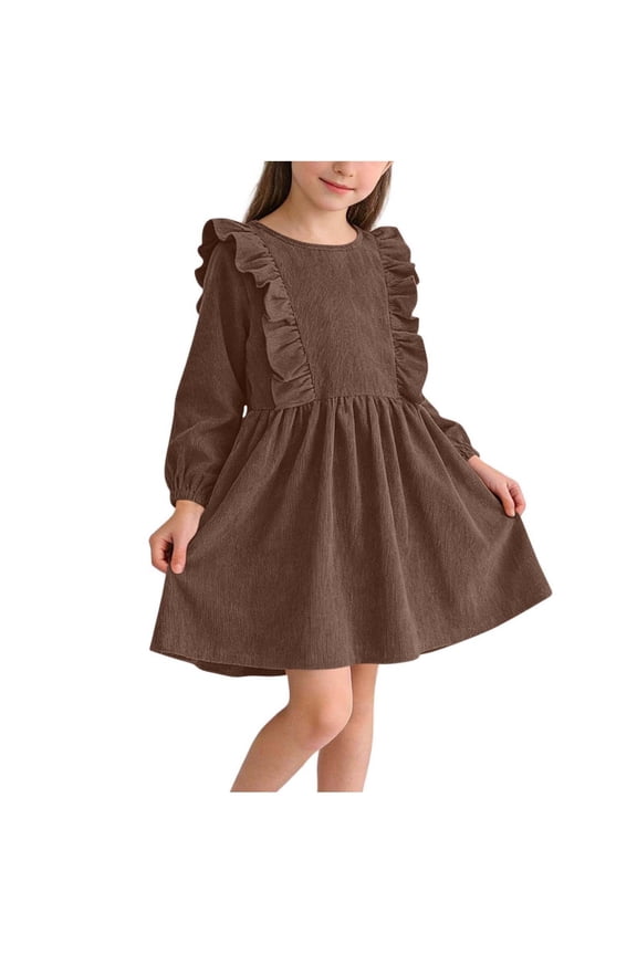 Childrens Long Sleeve Round Neck Casual Dress for Girls Age 3-8 Years, Solid Color Soft Everyday Play Dress, Simple Style Comfortable Kidswear Gown