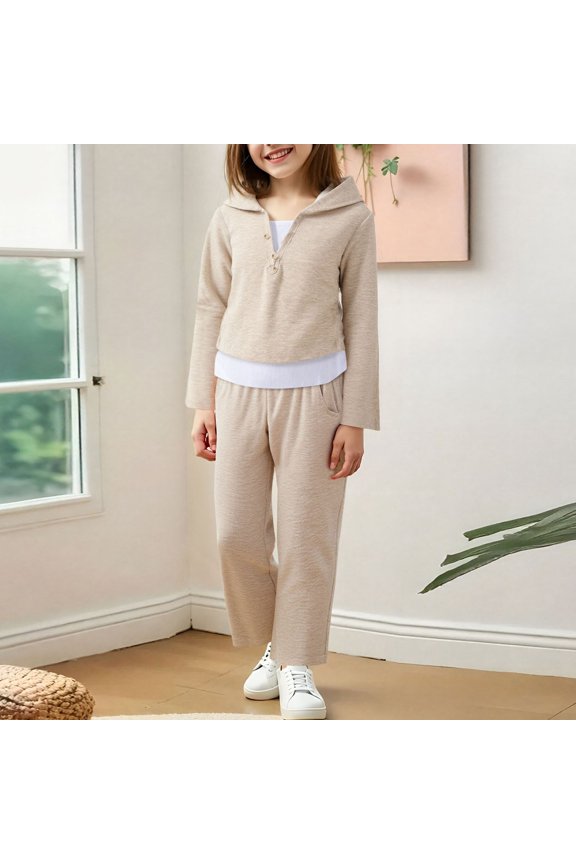 Childrens Stylish Two Piece Outfit Long Sleeve Hooded T Shirt with Mock Layering and Wide Leg Sweatpants Elastic Waistband Outfit for Ages 3 to 8 Years