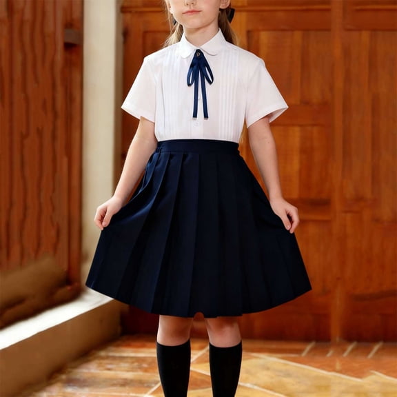 hengsof Childrens Three Piece School Uniform Set, Short Sleeve Collared Shirt Skirt and Tie Outfit, Classic Academic Wear for Kids Size 3-15 Years