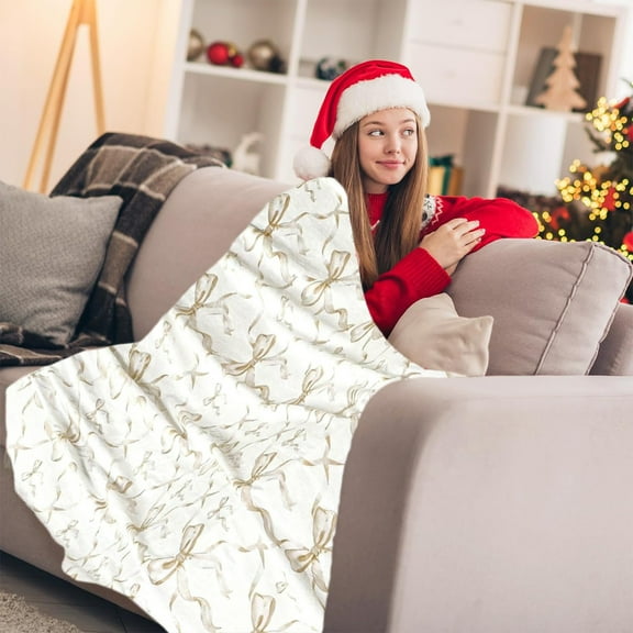 hengsof Christmas Bow-Accented Throw Blanket Soft Fuzzy Breathable Blanket for Sofa Machine-Washable Warm Winter Cover for Holiday Home Use Ideal for Christmas