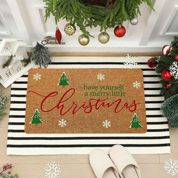 hengsof Christmas Front Door Mat Indoor Outdoor Entrance, Xmas Winter Washable Non-Slip Doormat, Welcome Floor Mat for Home Holiday Decor