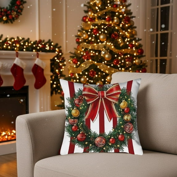 hengsof Christmas Throw Pillow Covers Set Of 3 Red White Stripe With Bow Wreath And Flowers Decorative Cushion Covers For Sofa Bed