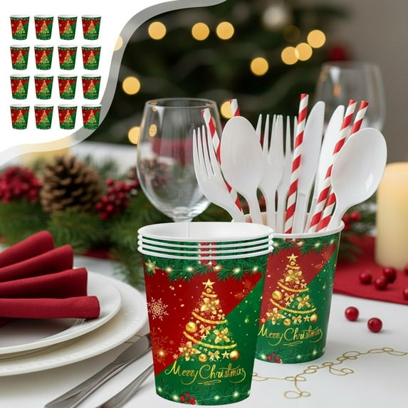 hengsof Christmas Tree Party Supplies, Red and Green Christmas Party Tableware Xmas Party Decorations Favors, Disposable Xmas Paper Plates and Napkins Sets Cups Forks
