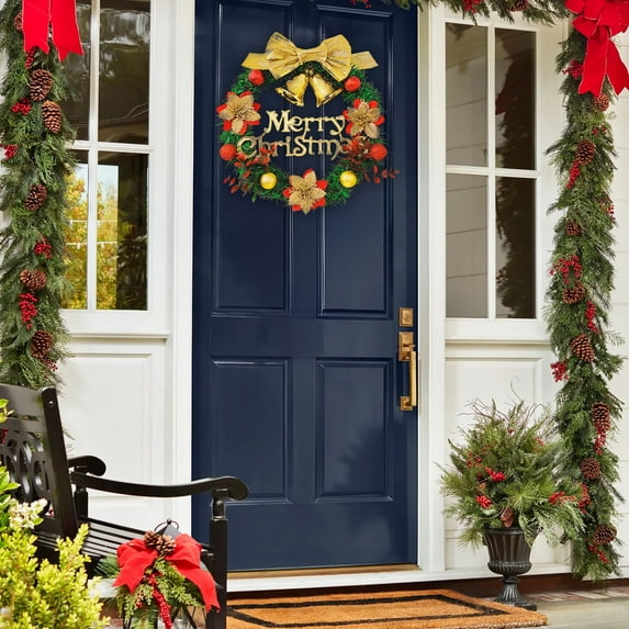 hengsof Christmas Wreaths, Christmas Wreath with Large Red Bow Ornaments for Front Door Gate Wall Xmas Party Decorations
