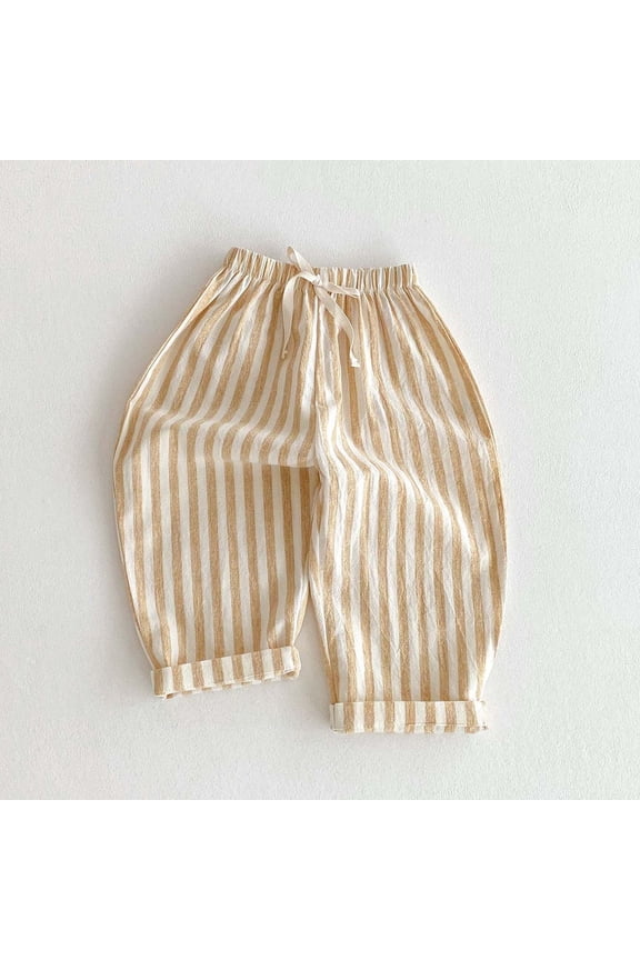 Classic Casual Pants for Boys Cotton Linen Stripe Elastics Waist Spring Summer Trousers Toddler Long Pants