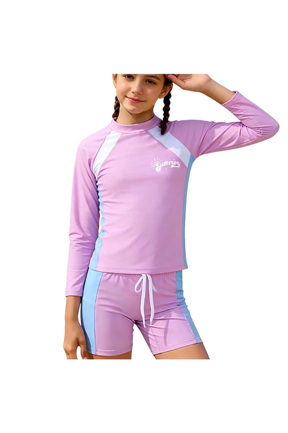 Conservative Two Piece Swimsuit Set for Girls, Long Sleeve Shirt Shorts Swimsuit Set, Beach Surfing Swimsuit, Suitable for Children Aged 3-14