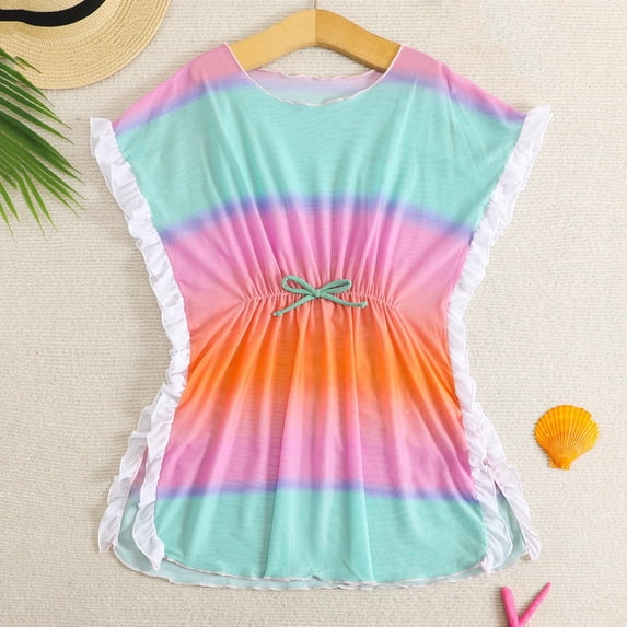 hengsof Cute Beach Cover Up Dress, Mesh Sheer Long Sleeve Short Tunic Sun Protection Poolside Top Girls Ages 8 to 12 Years