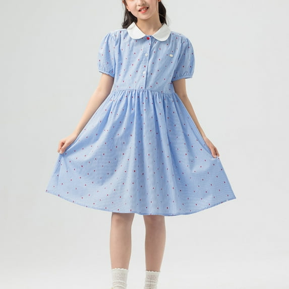 hengsof Cute Children's Dress with Cute Collar Short Sleeves Button Down Design Sweet Polka Dot Pattern Everyday Princess Style