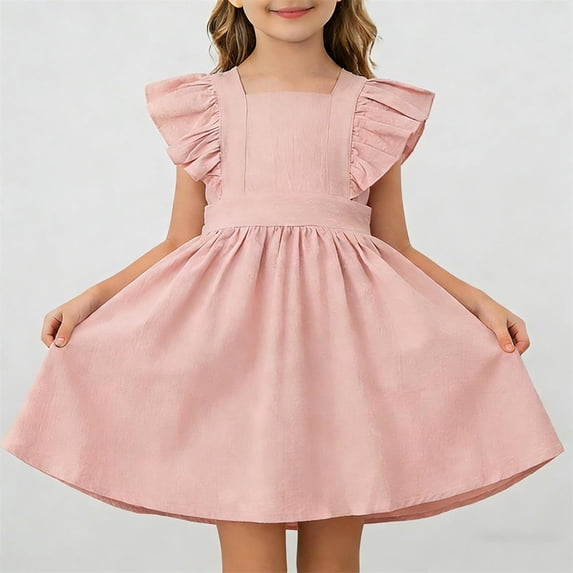 hengsof Cute Solid Color Summer Dress for Girls Stylish Ruffled Sleeve Casual Dress Versatile Everyday Children's Dress Ages 1-7
