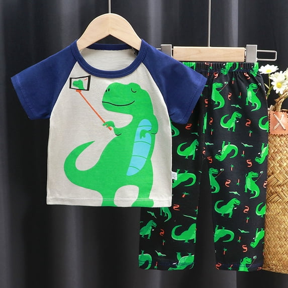 hengsof Cute Summer Short Sleeve T-Shirt Top Pants Pajama 2 Piece Set for Toddlers and Children Printed Cotton 2 Piece Summer Pajama Set Short Sleeve Round Neck Set