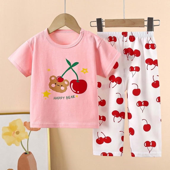 hengsof Cute Summer Short Sleeve T-Shirt Top Pants Pajama 2 Piece Set for Toddlers and Children Printed Cotton 2 Piece Summer Pajama Set Short Sleeve Round Neck Set
