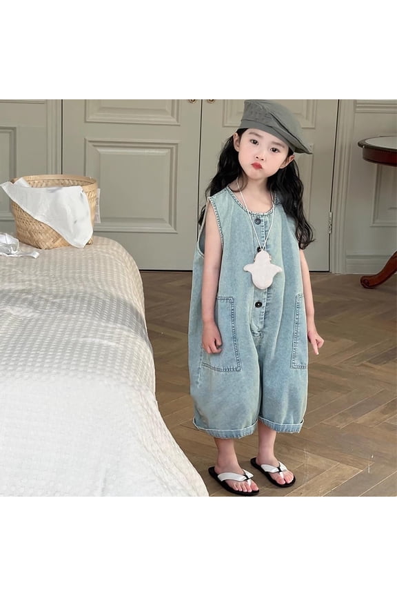 Denim Overalls for Toddler Girls, Solid Color Sleeveless Overalls with Pockets, Cute Summer Capri Overalls