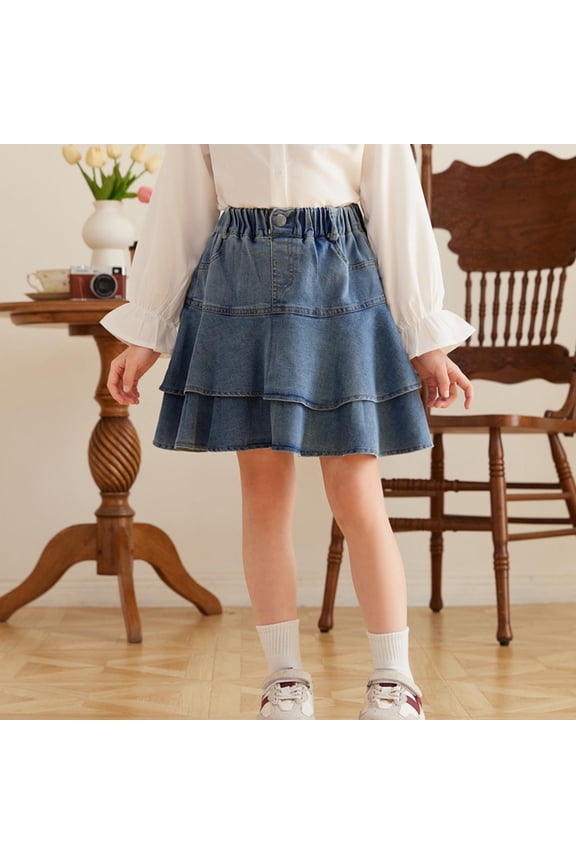 Denim Tiered Ruffle Skirt for Girls, Lightweight Summer Flared Skirt, Elastic Waist Casual Skirt for Warm Weather, Size 3-14 Years