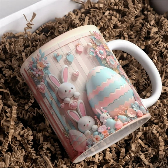 hengsof Easter Bunny Pattern Ceramic Mug, 350ml, Hand Wash Only, Reusable Coffee Cup, Lead-Free Pattern Printing, Suitable for Office/ Home/ Life, Multi-Purpose Use for Hot/ Cold Drinks