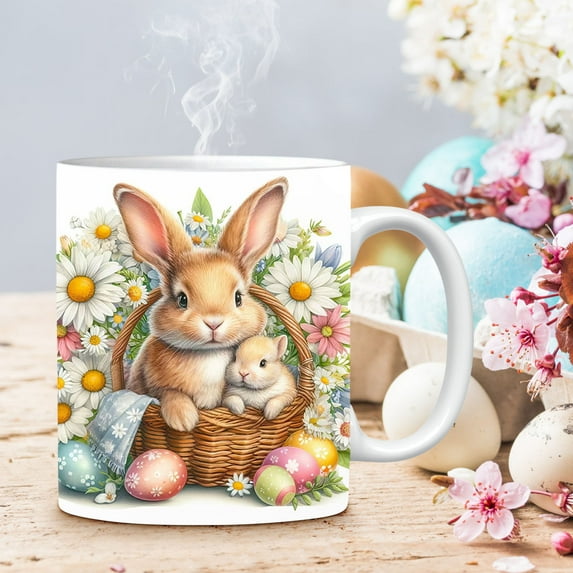 hengsof Easter Mugs Bunny Rabbit Ceramic Coffee Mugs Pink White Holiday Cups Housewarming Gifts for Family Members Friends Birthday Dinner Table Decoration Coffee Lover
