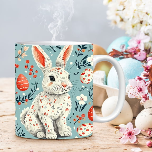 hengsof Easter Mugs Bunny Rabbit Ceramic Coffee Mugs Pink White Holiday Cups Housewarming Gifts for Family Members Friends Birthday Dinner Table Decoration Coffee Lover