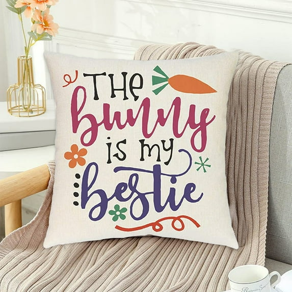 hengsof Easter Pillow Covers 17.72inches Bunny Easter Eggs Throw Pillow Covers Spring Floral Rabbit Decorative Outdoor Pillowcases Cotton Linen Cushion Covers for Couch Sofa Bedroom